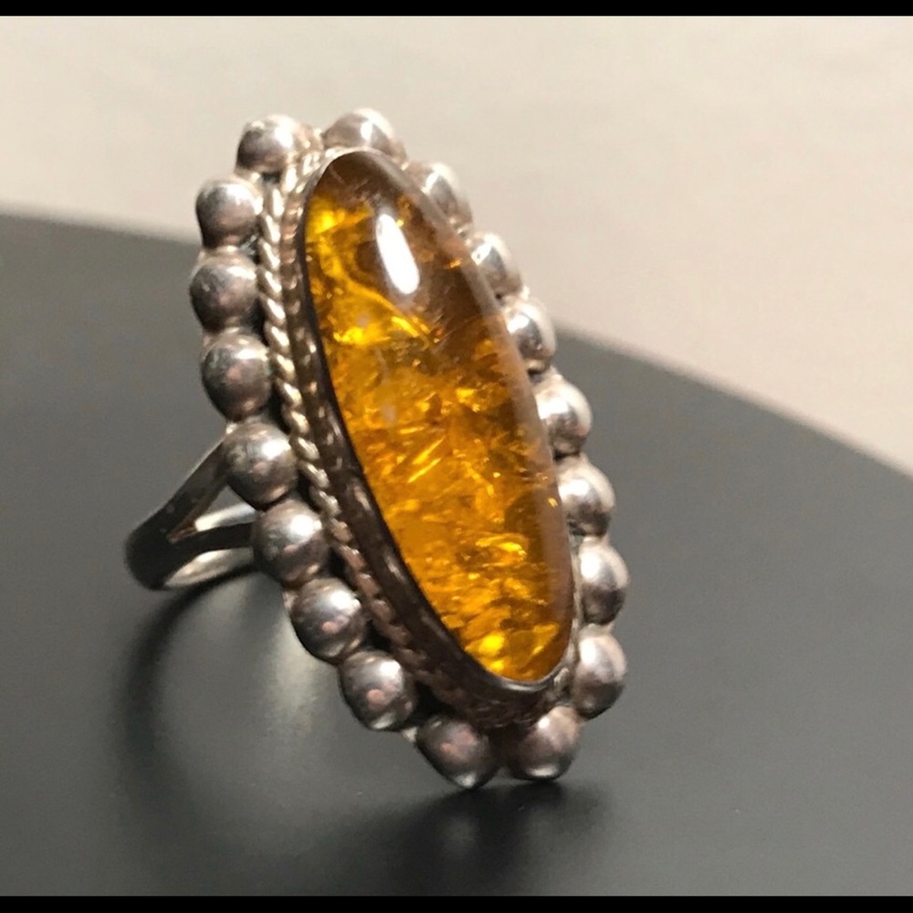 Mexican Sterling Silver and Amber Ring